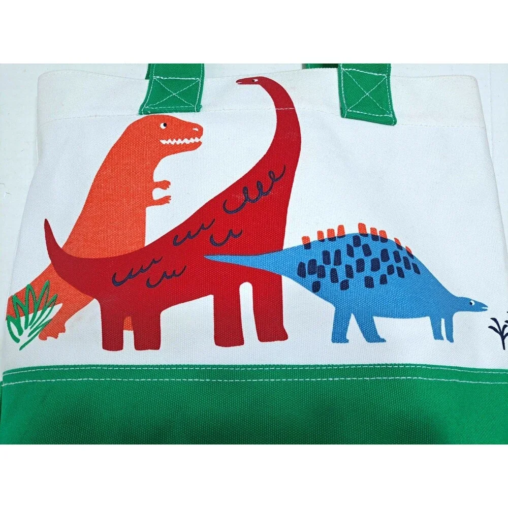 Pottery Barn Kids Tote Dinosaur Green White Cotton Canvas Zip Bag Shoulder